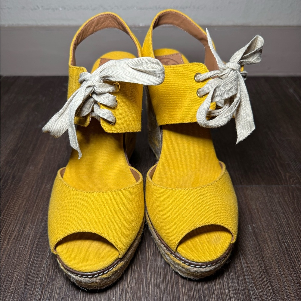 Tory Burch Linley size 9 yellow & tan Espadrille Wedge shoes